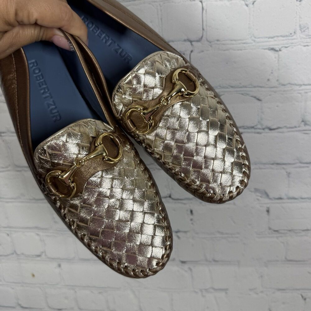 Robert Zur Womens 8.5 Metallic Bronze Gold Woven Leather Driving Loafers Flats - Picture 7 of 13
